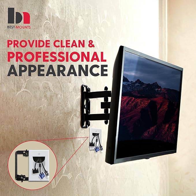 BestMounts - 1 Pack In Wall Cable Management Kit - Recessed Wall Plate Cable Pass Through Pair with Single Gang Low Voltage Mounting Bracket - TV Cord Hider for Wall Mounted TV ETL Listed