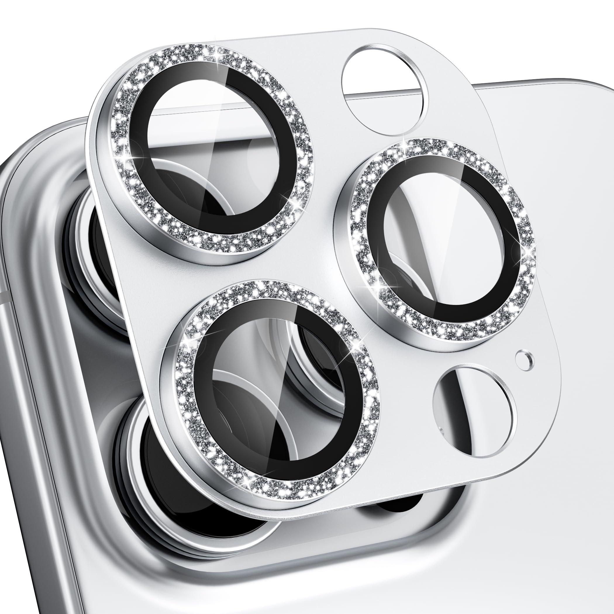 beuxece Compatible for iPhone 16 Pro/iPhone 16 Pro Max Camera Lens Protector, Bling Metal Tempered Glass Camera Screen Cover Accessories [Strong Adsorption][Case-Friendly]- Glitter Titanium Silver