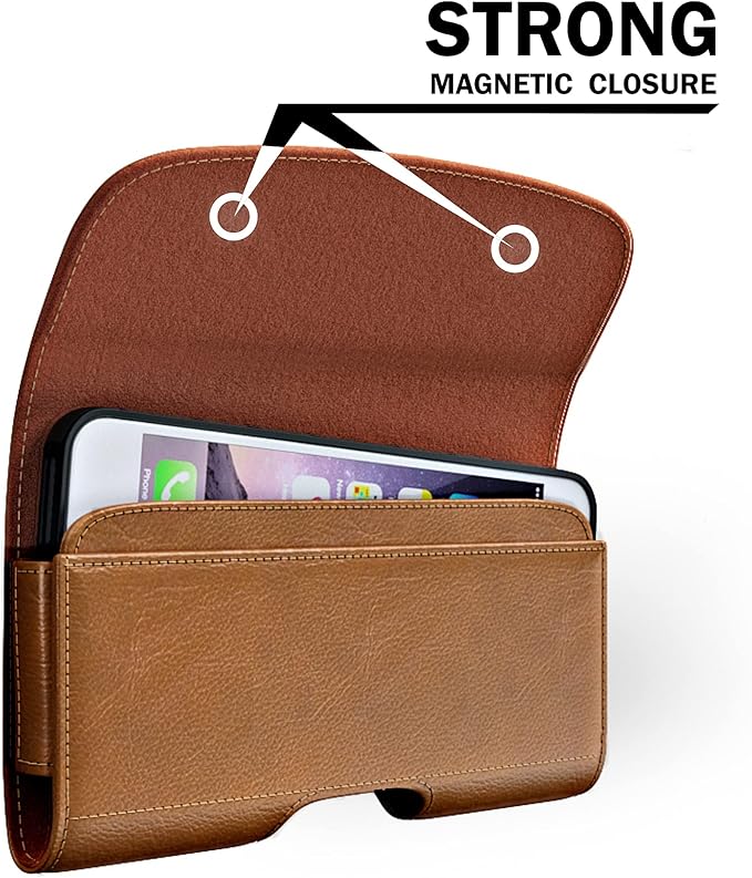 PiTau Holster for iPhone SE 8 7 6 6s, Cell Phone Belt Holder with Clip for Men, Fits Smartphone with Case On, Cellphone Cover with ID Card Pouch, Brown- Small