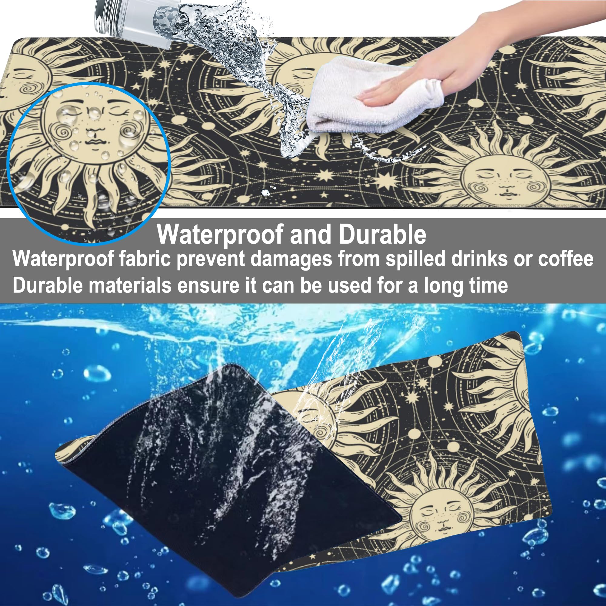 Mouse Pad, Large Golden Sun with a Face and Orbits Desk Mat, Extended Non-Slip Gaming Keyboard Mousepad Desk Pad, Thick Stitched Edges Waterproof Mouse Mat 31.5"x15.7" (Boho Pattern)