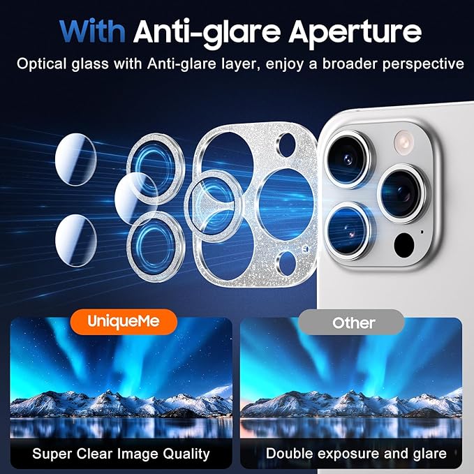 UniqueMe for 3 Pack iPhone 16 Pro/iPhone 16 Pro Max Camera Lens Protector - [Drop Protection] [Case Friendly] 9H Tempered Glass Camera Cover Screen [Update New Version] - Glitter Silver