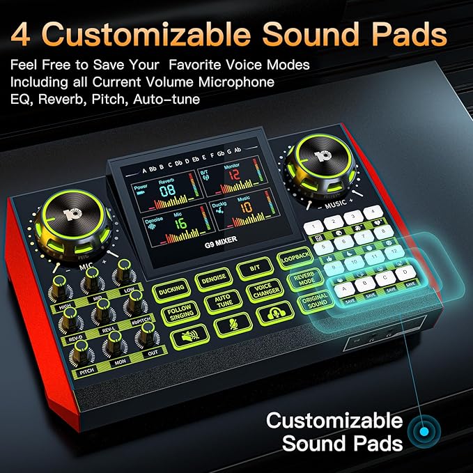 Audio mixer, suitable for live streaming, singing, and gaming on computer/phone; soundboard for 3.5mm condenser microphone; podcast mixer with live sound card, noise reduction, and one-touch mute