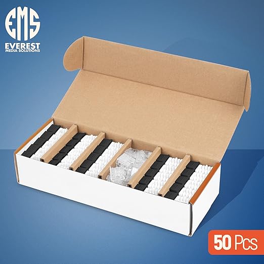 Everest 90° Angled RJ45 Cat6A Keystone Jacks 50-Pack in Black - Slim Profile Female RJ45 Connectors - Cat 6A Keystone Jack - Compatible with 90° Angled Speed Termination Tool - easyJACK (B094WB91H3)