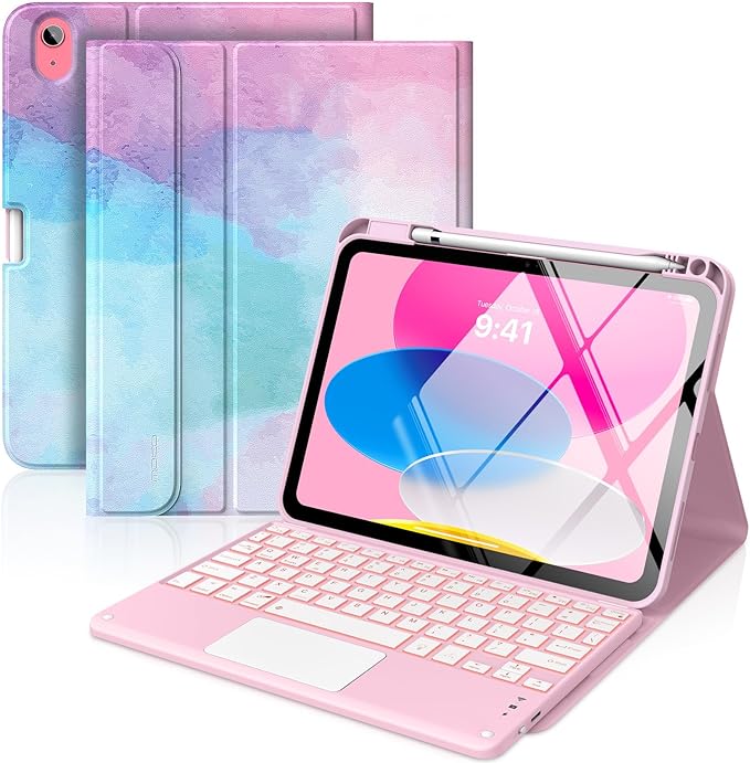 MoKo Touch Keyboard Case for iPad (A16) 11th Generation 11 inch 2025, iPad 10th Generation 10.9 inch Case with Pencil Holder, 7 Colors Backlit Multi-TrackPad Detachable Bluetooth Keyboard, Water Color