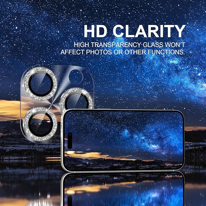 Choiche Compatible for iPhone 16 Pro/iPhone 16 Pro Max Camera Lens Protector, Bling Camera Cover with 9H Tempered Glass Lens Screen Protector Metal Ring Decoration Accessories(Clear-Silver)