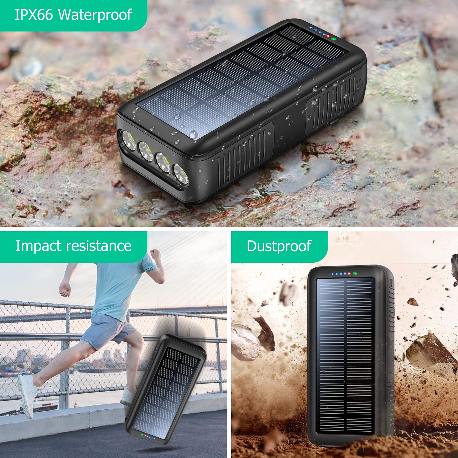 Solar Charger Power Bank 63200mAh, Portable Charger with Dual Outputs & Dual Inputs 4 LEDs Flashlight, Hand Crank Power Bank Fast Charging Battery Pack for Outdoor Camping Survival Gear (gray)