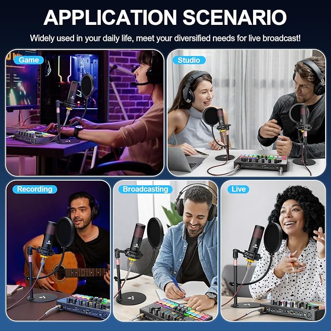 Podcast Equipment Bundle for 2 with Dual 48V XLR Condenser Micophones with Mic Pop Filters Audio Equipment for Live Streaming/ Recording, Online Gaming for Phone/ Laptop/ PC Audio Interface M100