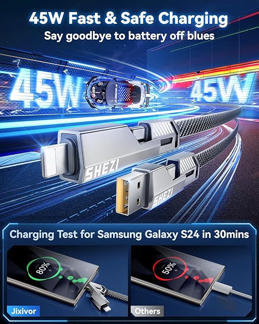 [One is Enough]4-in-1 USB C to Lightning Cable, 46W High-Speed Charging & Fast Data Transfer,CarPlay & Android Auto Support Multi Charger Cord Combo Lightning/Type C/USB A for iPhone/Samsung/iPad,5FT