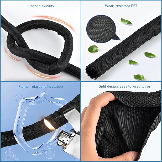 Cord Protectors from Pets No Chew, 1/4 inch 10ft Wire Protector Cord Covers for Pets, Flexible Cable Sleeve Cord Management for TV/Computer/Electric Wires/Phone Charging Cables
