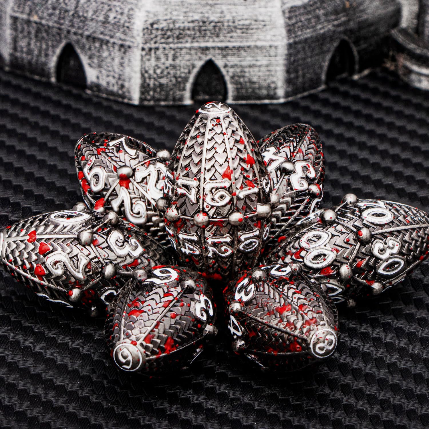 ARUOHHA DND Metal Dice Blood Splatter Dragon Egg Dice with Rotating Dragon Egg Shell, Role Playing Game RPG Polyhedral D and D Dice Set D20 D12 D10 D8 D6 D4