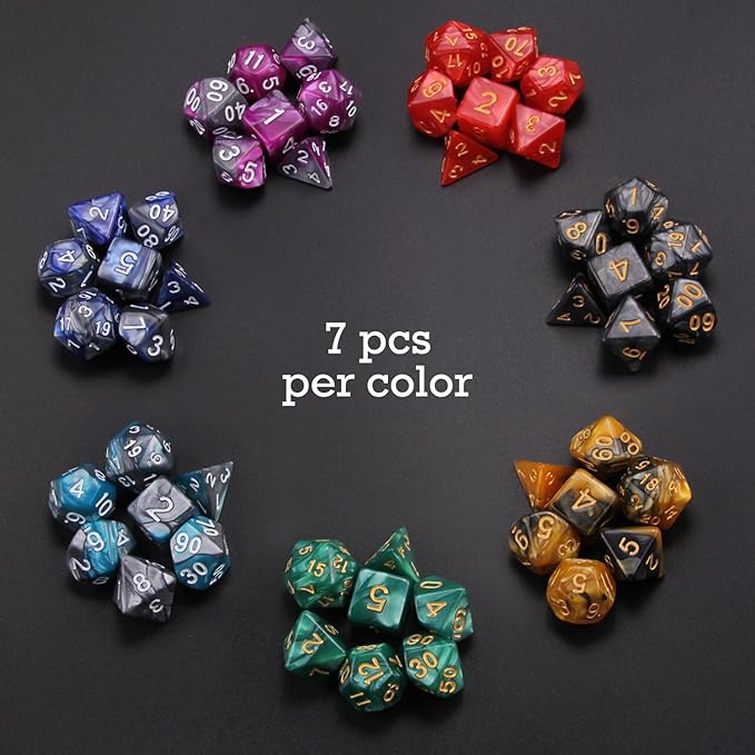 7 Sets (49PCS) Polyhedral Dice Set for Dungeons & Dragons/RPG, Complete D&D/DND Dice Sets (D20, D12, D8, D6, D4 & 2×D10 [0-9 & 00-90]) with 7 Pouches