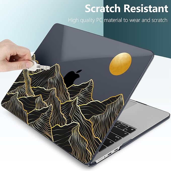 TWOLSKOO for M4 MacBook Air 13.6 inch Case 2025-2022 Release M4 A3240 M3 A3113 M2 A2681, Plastic Hard Shell & Screen Protector & Keyboard Cover & Trackpad Film, Golden Mountain