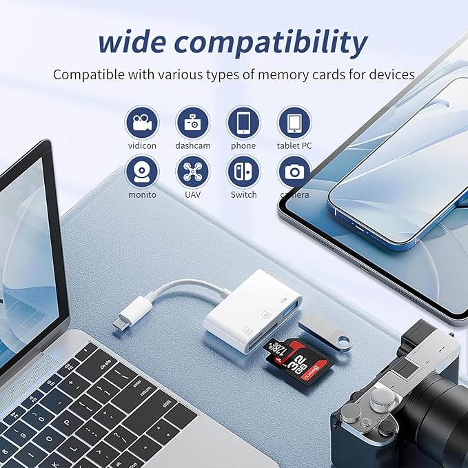 USB C SD Card Reader，SD Card Reader USB C for iPhone 15 16/iPad/Mac/Laptop，3 in 1 sd Card Reader with Dual Slots & USB Port for Mac MacBook Pro/Air/Mini Android Laptop More USBC Typec Devices