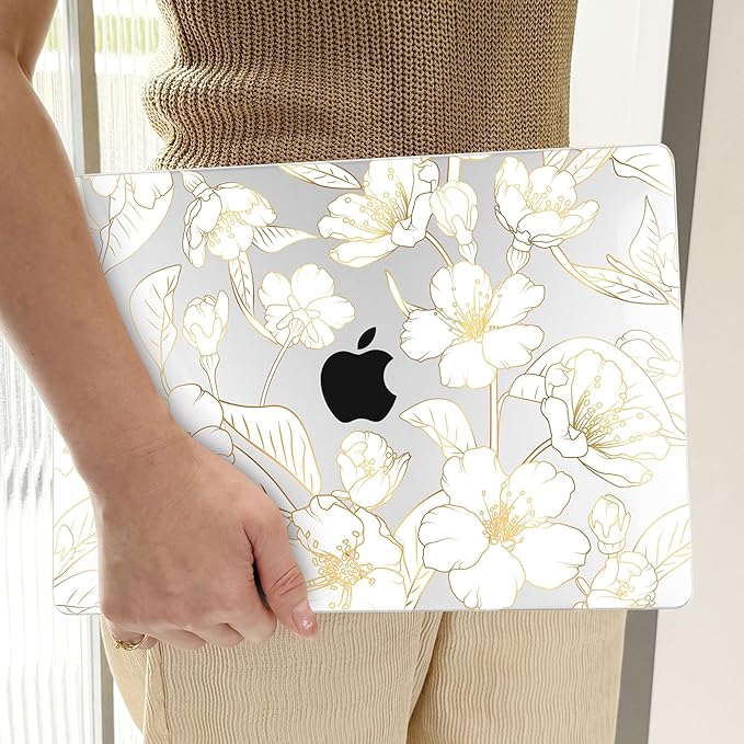 TWOLSKOO Compatible with M4 MacBook Air 13.6 inch Case 2025-2022 Release M4 A3240 M3 A3113 M2 A2681, Plastic Hard Shell & Keyboard Cover & Type C Adapter & Screen Protector, Gold Cherry Blossom