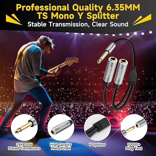 2-Pack 1/4 inch TS Mono Splitter Y Adapter, 6.35mm Mono Male to Dual 6.35 mm TS Mono Female Jack, Quarter inch Audio Speaker Splitter Converter Cable 1 Feet, Gold Plated Connectors