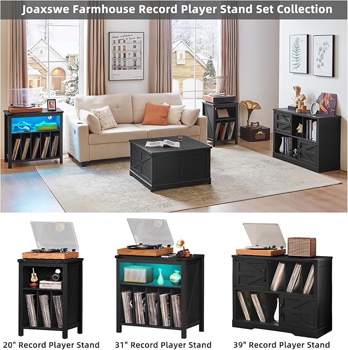 Large Record Player Stand with Vinyl Storage Up to 450 Albums, 39 Inch Farmhouse Wood Black Vinyl Records Storage Cabinet with Barn Doors, Mid-Century Modern Turntable Stand for Living Room