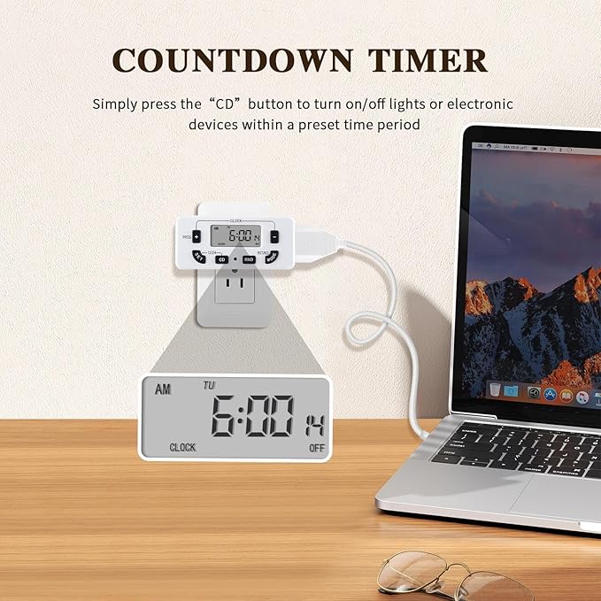 7 Day Programmable Digital Timer Outlet, Indoor Timer with Single Plug-in, Suitable for Lamp, Fan, Aquarium, 15A 1/2HP, 2 Pack