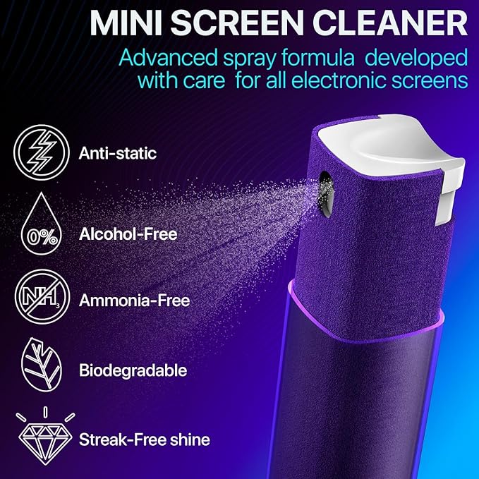 Mini Screen Cleaner Spray – Finger Proof Screen Cleaner for Smartphones, iPads, MacBooks, Laptops, Car Screens, Touchscreens – 3in1 Mist Cleaner, Microfiber Cloth and Protective Cover (Pink)