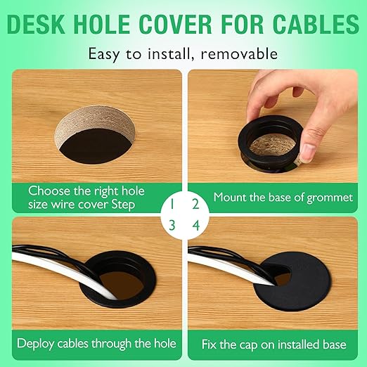 2 Pcs Desk Grommet 1-1/2" / 38 mm, Desk Cord Hole Cover, Cable Grommet ABS Plastic, Desk Hole Grommet for Home & Office Pc, Detachable Cable Cord Organizer-Black