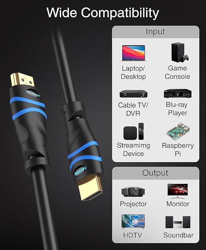 BlueRigger 8K HDMI Cable (3FT - 2 Pack, 8K 60Hz HDR, 4K 120Hz, High Speed 48Gbps with Ethernet, eARC, 3D, HDCP 2.3) - Compatible with PS5, Xbox, Roku, Apple TV, Switch, PC