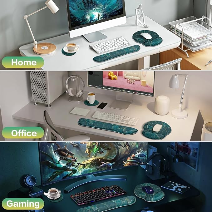 Mouse Pad with Wrist Rest Set, 3-in-1 Wrist Support Mousepad Set, Gaming Mat Pad with Anti-Skid Base,Ergonomic Mouse Pad Green,Memory Foam Gel Wrist Rest for Computer Keyboard