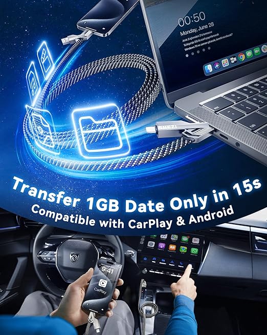 [One is Enough] 4-in-1 Compatible with USB C to Lightning Cable, 60W High-Speed Charging & Fast Data Transfer,CarPlay & Android Auto Support Multi Charger Cord Combo for iPhone/Samsung/iPad,3FT