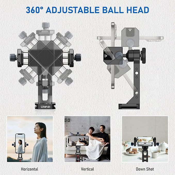 Ulanzi MA53 Metal Tripod Phone Mount, Smartphone Tripods Adapter with Arca Swiss/Uka Port, 2 Cold Shoe, 360° Cellphone Tripod Mount, iPhone Samsung Holder for Photo Video Vlogging Rig