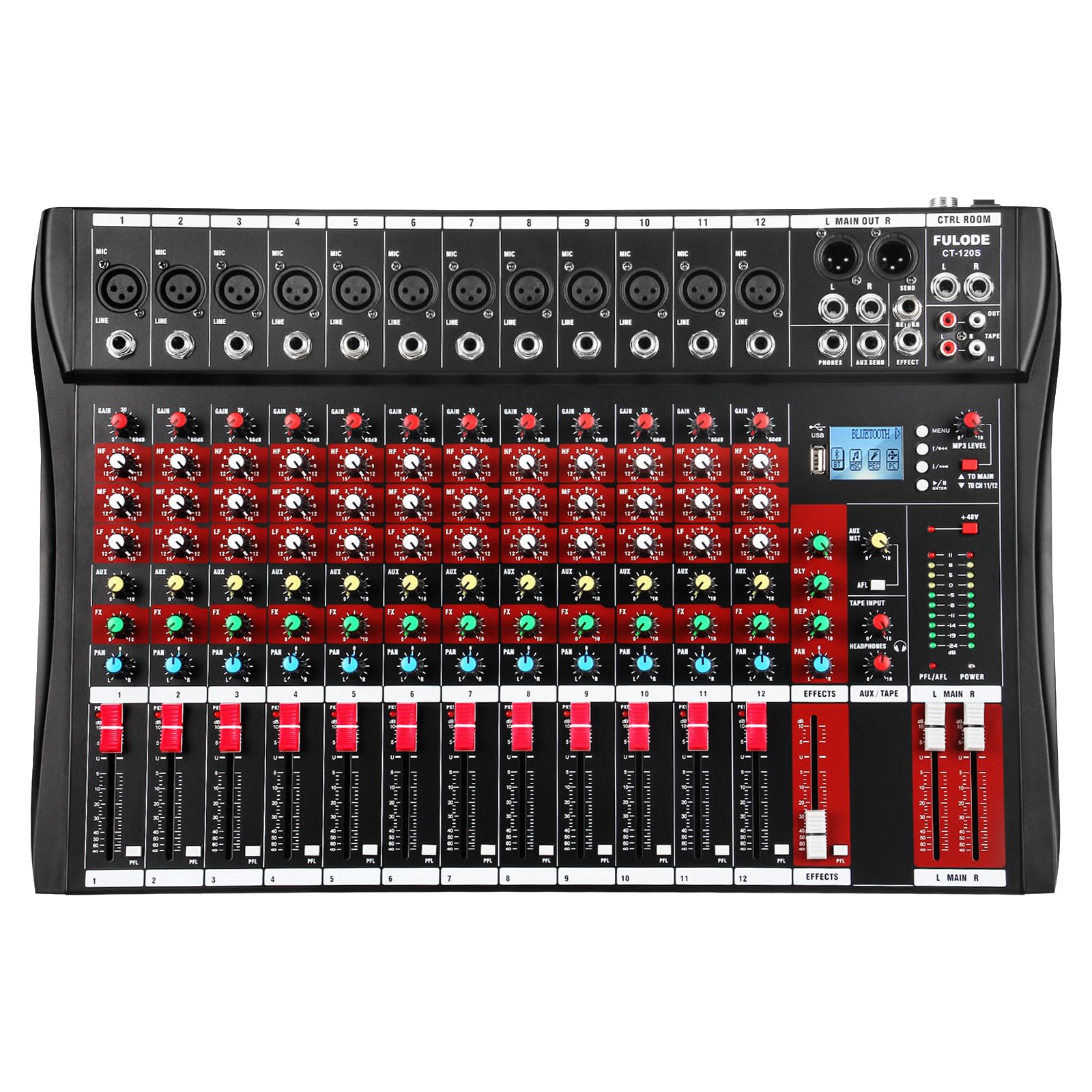 FULODE 12 Channel Audio Mixer, Professional Music Mixer Board DJ Mixing Console with Bluetooth, USB/MP3 Player, Reverb, and 48V Phantom Power for Studio Recording, Karaoke, and Live Performances
