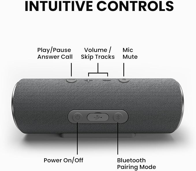 Cleer Scene Wireless Bluetooth Speaker, Stereo Wireless Pairing, Waterproof IPX7, 12Hrs Play time, Deep Bass, Built-in Mic, Powerful Portable Speakers, for Outdoor & Party, Home, Grey