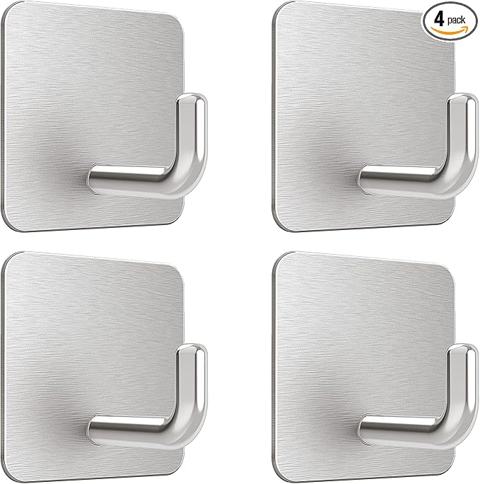 VIS'V Adhesive Hooks, Metal Shower Wall Stick on Hooks, Waterproof, 2 Extra Adhesive Strips, Silver, 4 Pcs