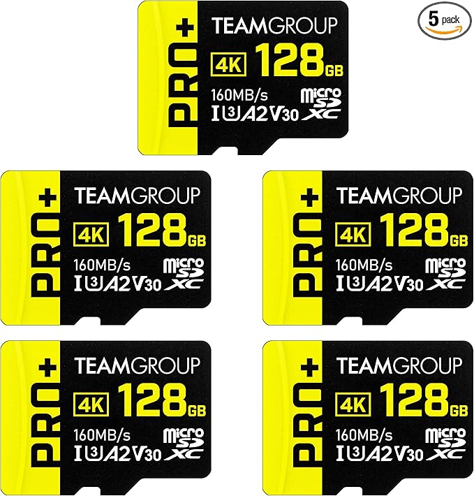 TEAMGROUP A2 Pro Plus Card 128GB x 5 Pack Micro SDXC UHS-I U3 A2 V30, R/W up to 160/110 MB/s for Nintendo-Switch, Gaming Devices, Tablets, Smartphones, 4K Shooting, with Adapter TPPMSDX128GIA2V3003