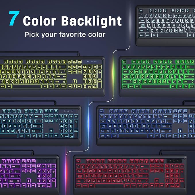 Large Print Keyboard - 7 Interchangeable Backlight Colors, Light Up USB Wired Computer Keyboards, USB Plug-and-Play, Foldable Stands, Corded Full Size Keyboard for Windows, PC, Laptop