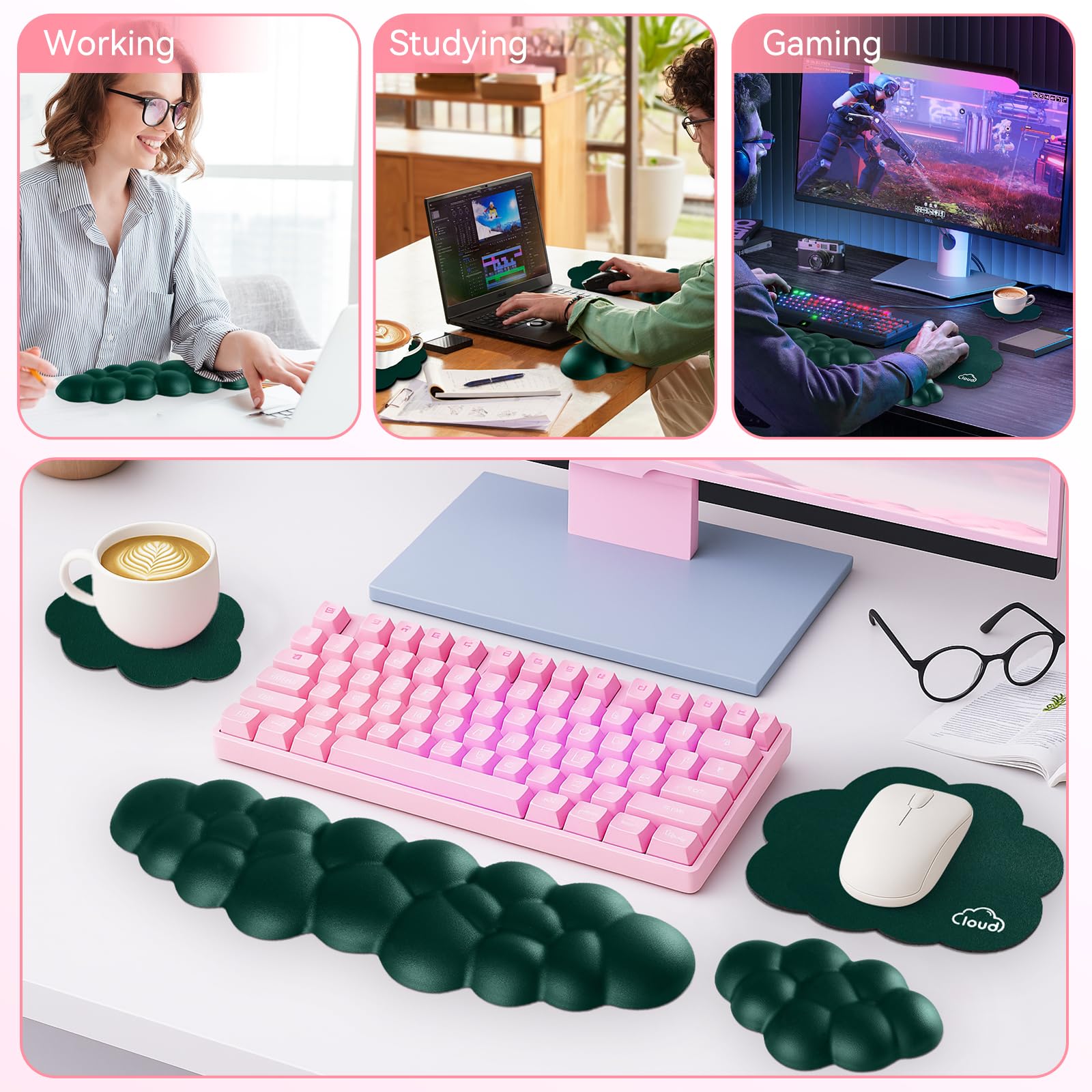 Sushret Cloud Wrist Rest for Computer Keyboard and Mouse Pad Set,Dark Green
