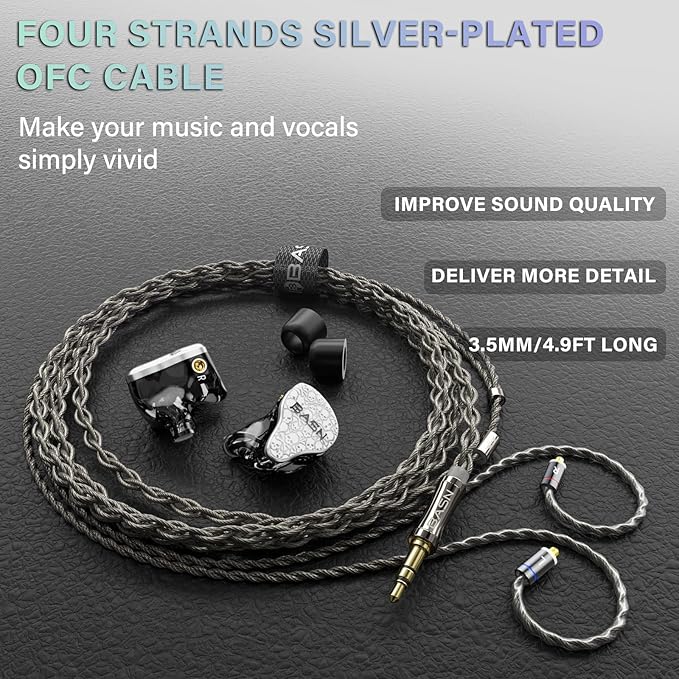 BASN Bmaster5 in Ear Monitors, 5 Drivers Drummer Headphones with Powerful Bass, Noise Isolation IEM Earbuds with Detachable MMCX Sliver-Plated OFC Cable for Musicians (Glacier White, MMCX)