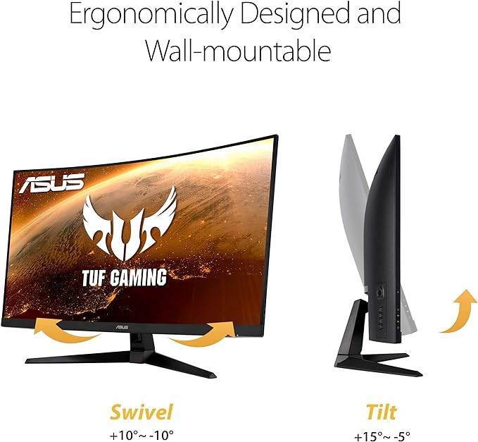 ASUS TUF Gaming 32" 1440P HDR Curved Monitor (VG32VQ1B) - QHD (2560 x 1440), 165Hz (Supports 144Hz), 1ms, Extreme Low Motion Blur, Speaker, FreeSync Premium, VESA Mountable, DisplayPort, HDMI,BLACK