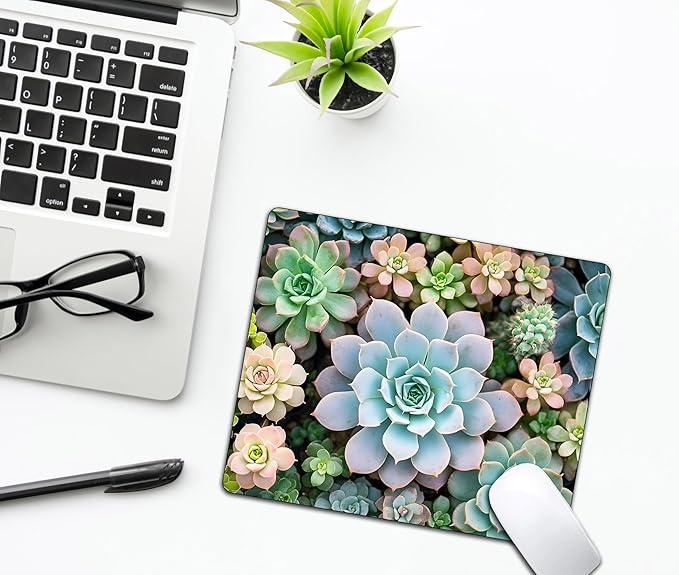 Cute Succulent Plants Mouse Pads for Desk, Portable Wireless Computer Mouse pad Small Design with Women, Non-Slip Rubber Base Laptop Mousepad 9.5" x 7.9" Smooth Surface for Office & Travel