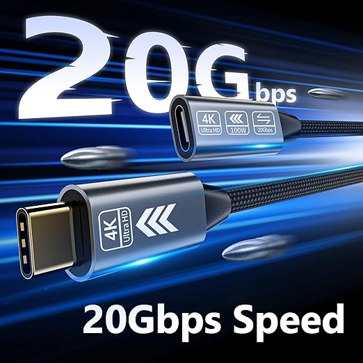 USB C Extension Cable 20FT, 20Gbps/100W USB3.2 Type C Extender Cord, 4K@60Hz Video Output Nylon Braided USB C Male to Female Extension Charging Cable Compatibility with Thunderbolt 4/3