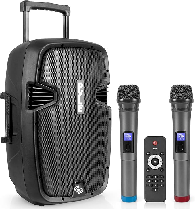 Pyle Wireless Portable PA Speaker, 1000W Bluetooth Loudspeaker, 12” Subwoofer, Dual High-Powered PA System, 2-Way Full Range Audio, Includes Wireless Mic, USB/SD Input, for Outdoor and Event Use