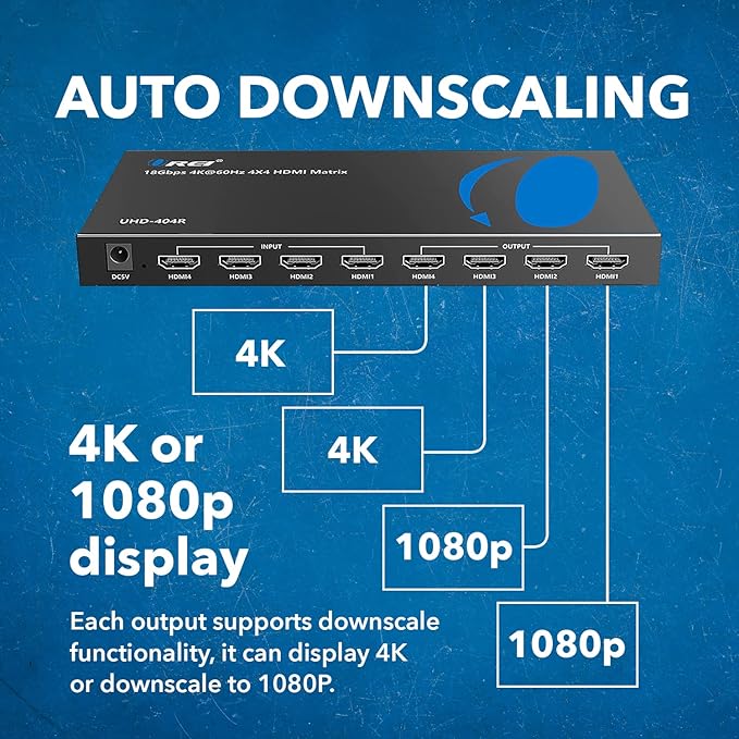 OREI 4x4 HDMI Matrix Switch 4K Downscale, ARC, Audio Extraction, HDCP 2.2