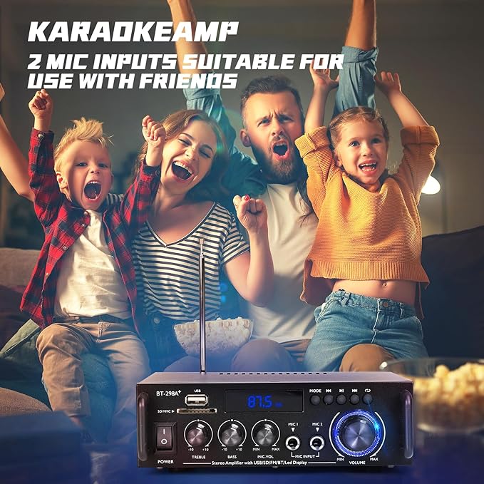 Stereo Audio Amplifier, 300W Home 2 Channel Wireless Bluetooth 5.0 Power Amplifier System, Home Amplifiers FM Radio, USB, SD Card, with Remote Control Home Theater Audio Stereo System