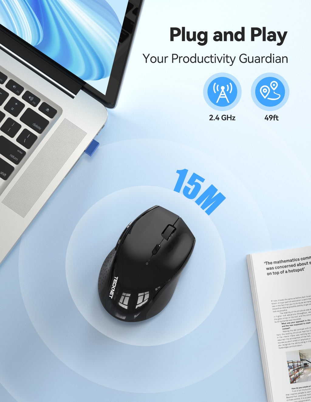 TECKNET Rechargeable Mouse,2.4 GHz Ergonomic Silent Mice with 6 Buttons