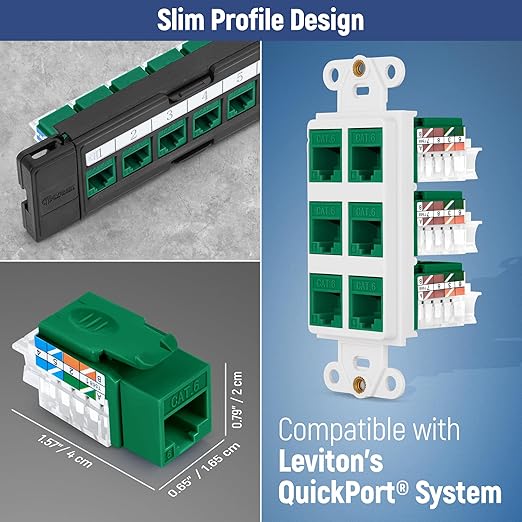 Everest 45° Angled RJ45 Cat6 Keystone Jacks 20-Pack in Green - Slim Profile Female RJ45 Connectors - Cat 6 Keystone Jack - Compatible with 45° Angled Speed Termination Tool - 45Term (B0BL3GS7ZY)