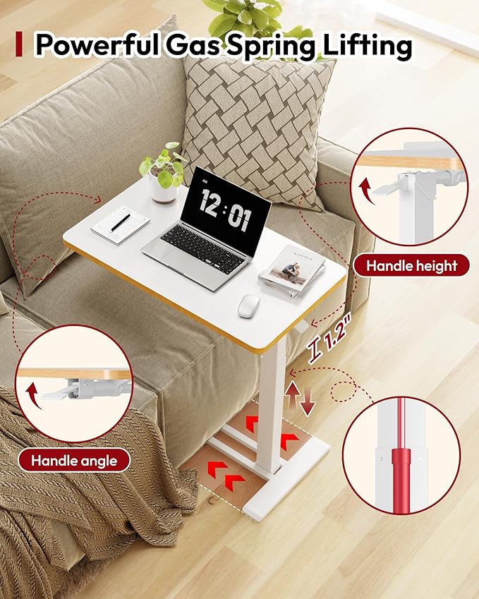 SANODESK Medical Adjustable Overbed Bedside Table with Casters 90° Tilt Top Pneumatic Mobile Rolling Laptop Computer Standing Desk Cart with Tray, Hospital and Home Use(31.5" W x 17.7" D, Maple)
