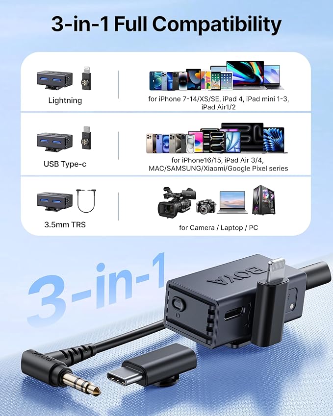 BOYA BOYALINK 3 Wireless Lavalier Microphone for iPhone/Android/Camera/PC/Tablets,AI Noise Cancellation,48kHz/24Bit Studio Sound,APP Control,984ft 30h Battery with Charging Case for Vlogging Interview