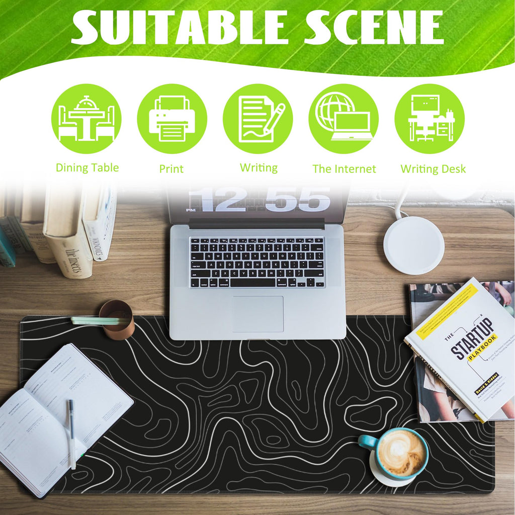 Eflxamz Desk Mat,Black Topographic Contour Map Desk Pad,Topographic Contour Large Gaming Mouse Pad for Desk,Extended Big Computer Keyboard Mouse Pad with Non-Slip Base and Stitched Edge,31.5"x11.8"