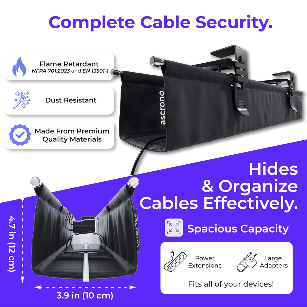 Ascrono Original No Drill Under Desk Cable Management Tray 40.6" - Premium Black Fabric Cable Management Under Desk - Clamp/Screw Mount Cord Organizer - Supports Upto 66lbs - Large