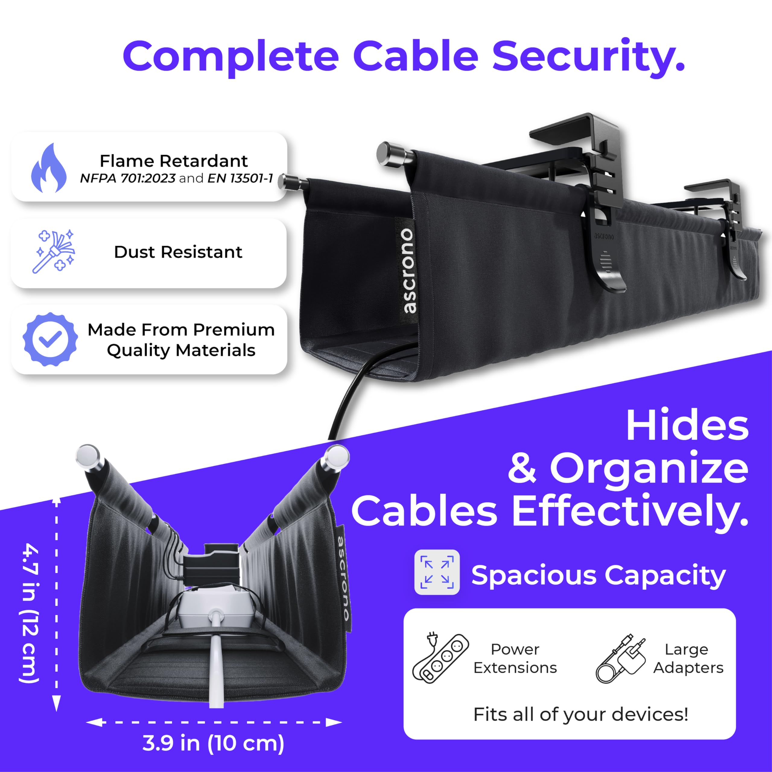 Ascrono Original No Drill Under Desk Cable Management Tray 40.6" - Premium Black Fabric Cable Management Under Desk - Clamp/Screw Mount Cord Organizer - Supports Upto 66lbs - Large