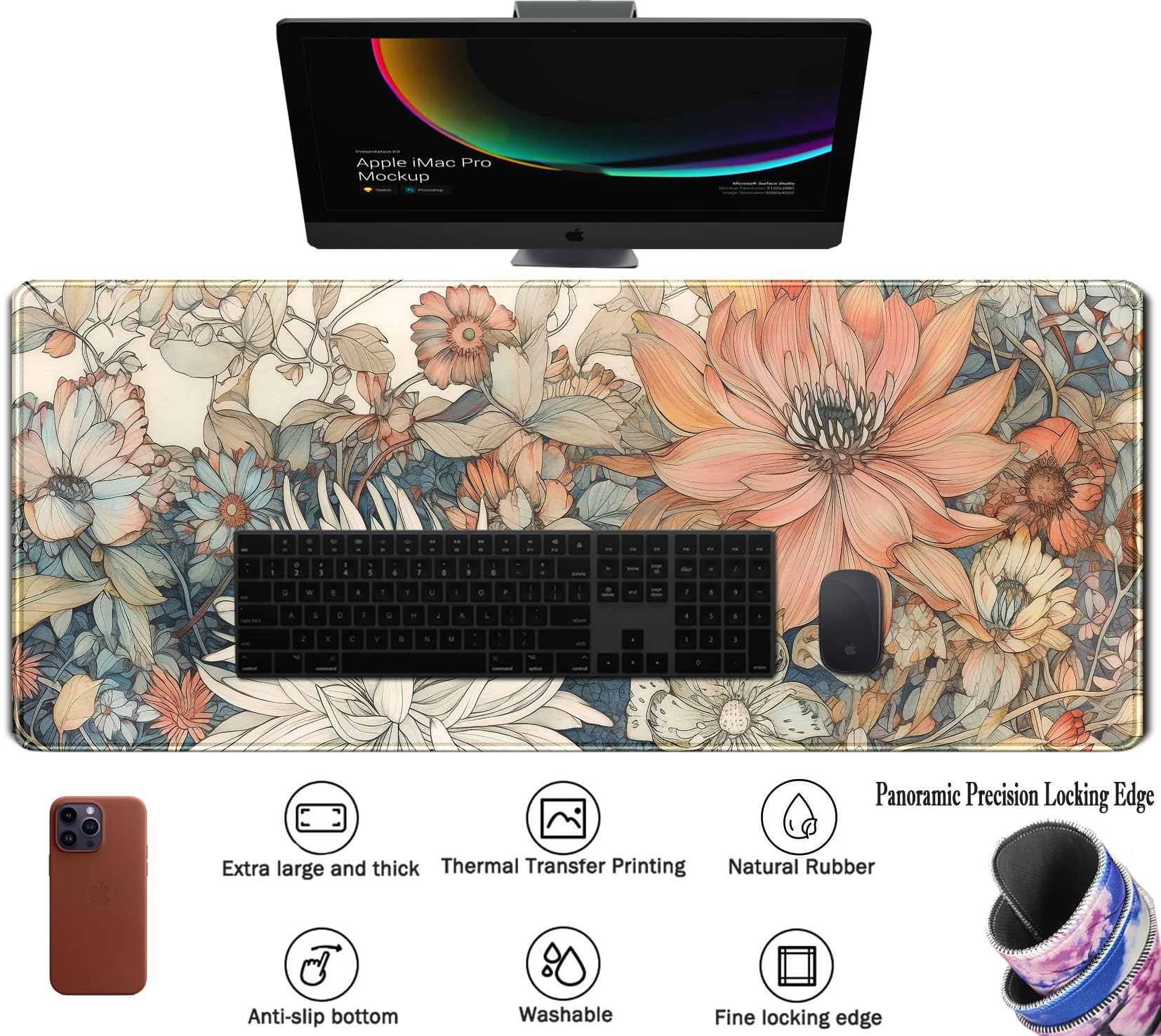 Japanese Minimalist Floral Desk Mat Aesthetic Flowers XL Large Extended Gaming Mouse Pad with Stitched Edges, Big Laptop Computer Keyboard and Mouse Mat for Girl Women Office Decor 31.5x11.8 in