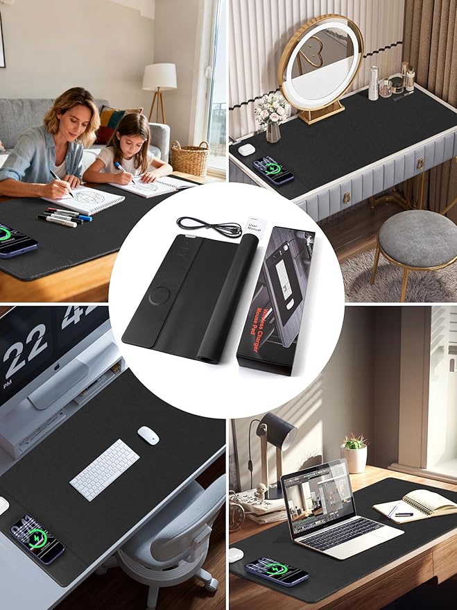 TopMade Mouse Pad with 15W Wireless Charging, XXL Large Leather Desk Mat, Waterproof Gaming Mousepad Home Office Desk Pad Protector, Computer Keyboard Pad, Mouse Mat for for MacBook, PC, Laptop, Black
