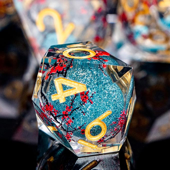 Plum Blossom DND Dice Blue Liquid Core Dice Set with Metal Box, Handmade Sharp Edge Dice D and D Polyhedral Dice for use with D&D RPG Role Playing Game ﻿
